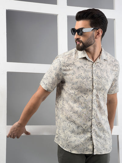 Beige Floral Print Linen Shirt-Men Shirts-Crimsoune Club