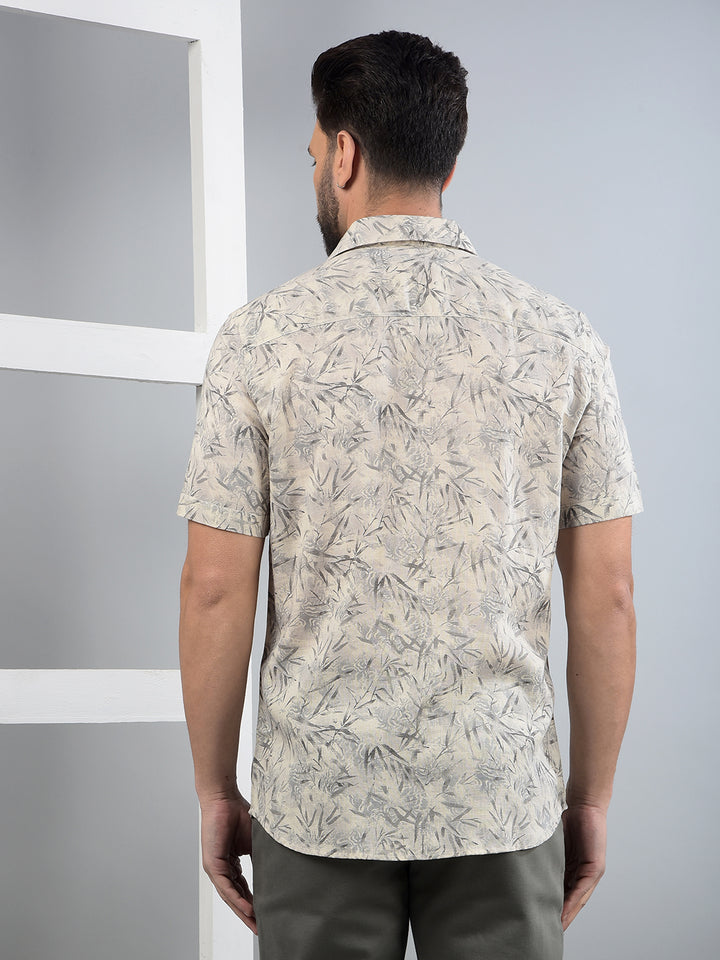Beige Floral Print Linen Shirt-Men Shirts-Crimsoune Club