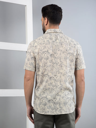Beige Floral Print Linen Shirt-Men Shirts-Crimsoune Club