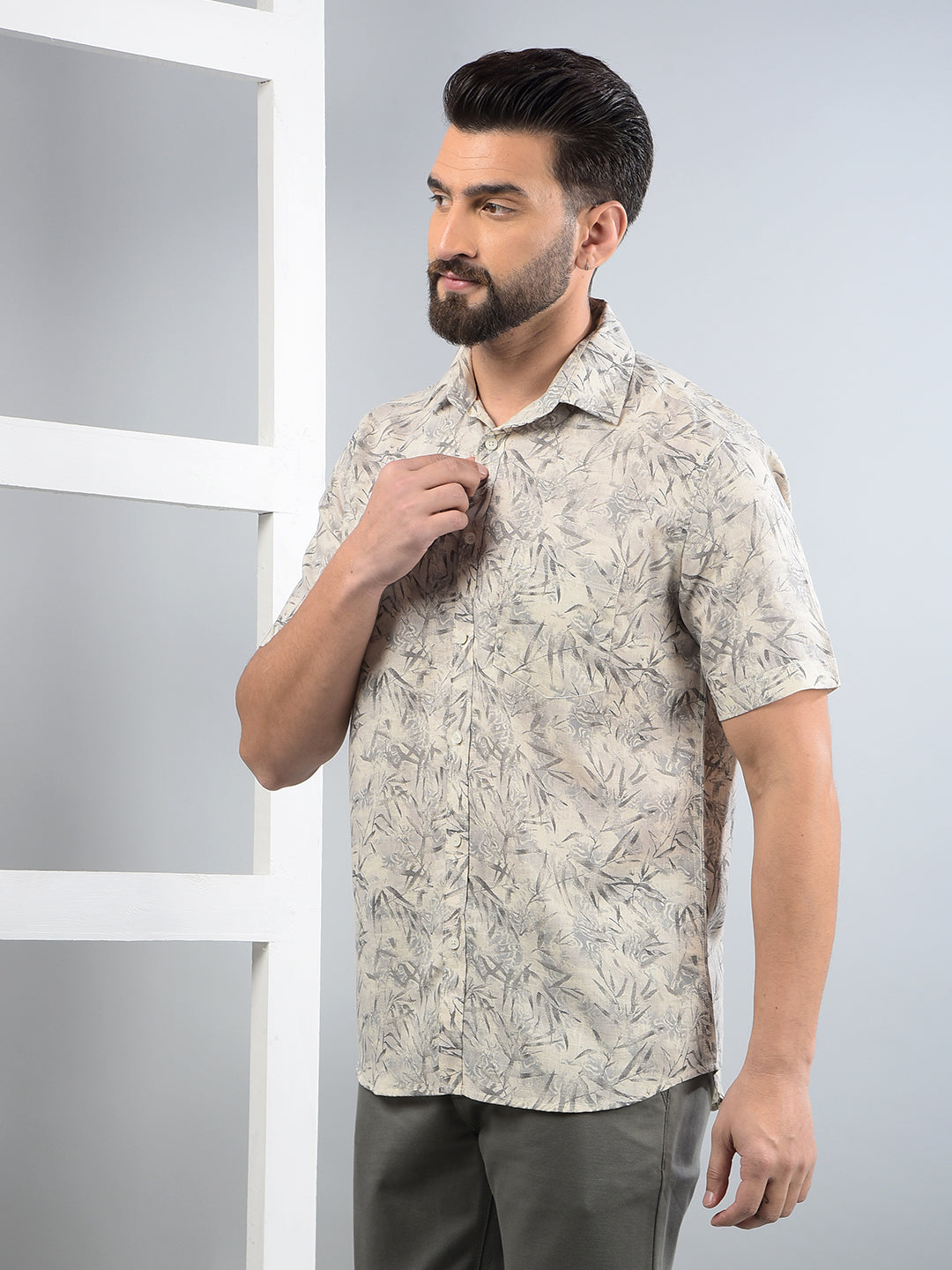 Beige Floral Print Linen Shirt-Men Shirts-Crimsoune Club