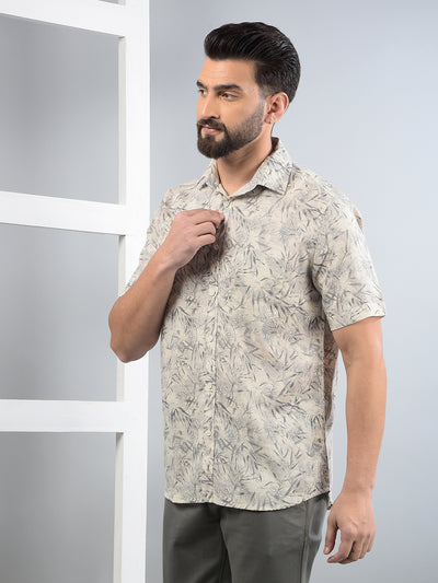 Beige Floral Print Linen Shirt-Men Shirts-Crimsoune Club