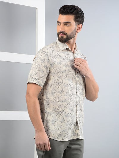Beige Floral Print Linen Shirt-Men Shirts-Crimsoune Club