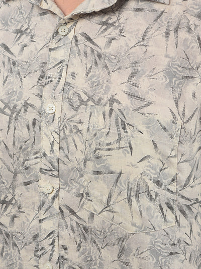 Beige Floral Print Linen Shirt-Men Shirts-Crimsoune Club