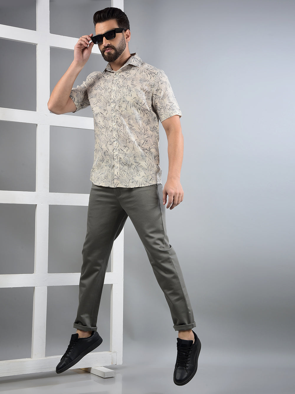 Beige Floral Print Linen Shirt-Men Shirts-Crimsoune Club