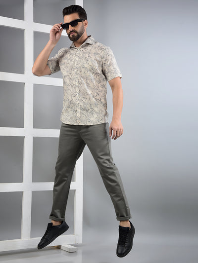 Beige Floral Print Linen Shirt-Men Shirts-Crimsoune Club