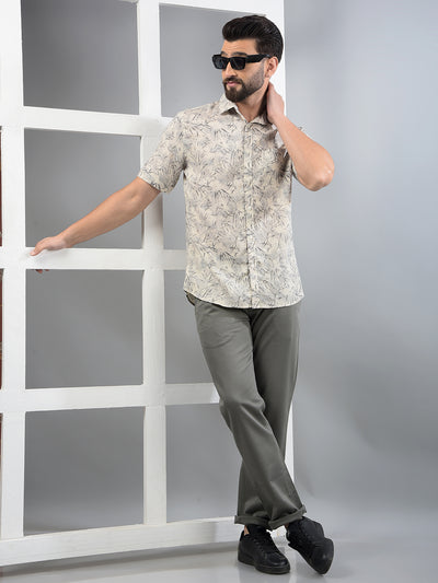 Beige Floral Print Linen Shirt-Men Shirts-Crimsoune Club