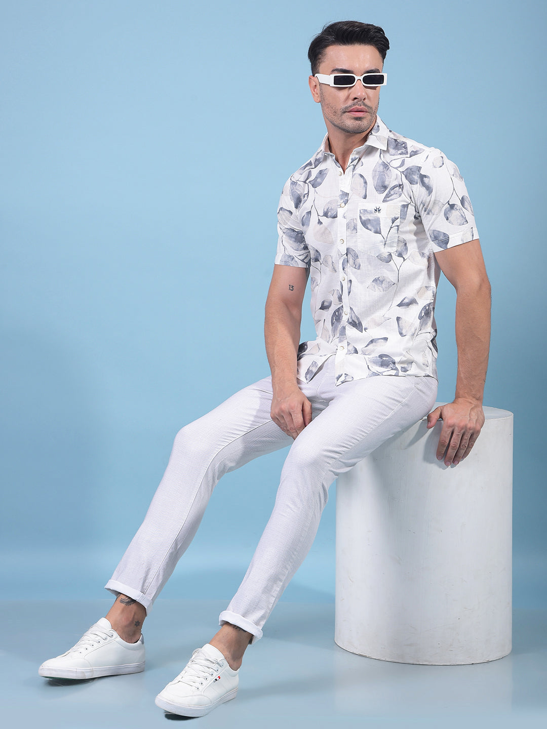 White Floral Print 100% Cotton Shirt-Men Shirts-Crimsoune Club