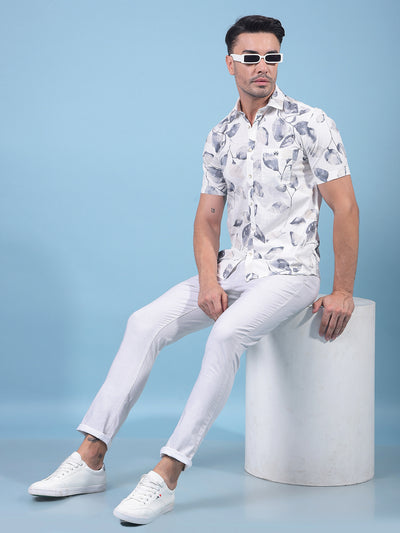 White Floral Print 100% Cotton Shirt-Men Shirts-Crimsoune Club