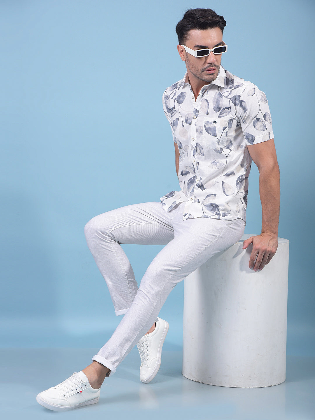 White Floral Print 100% Cotton Shirt-Men Shirts-Crimsoune Club