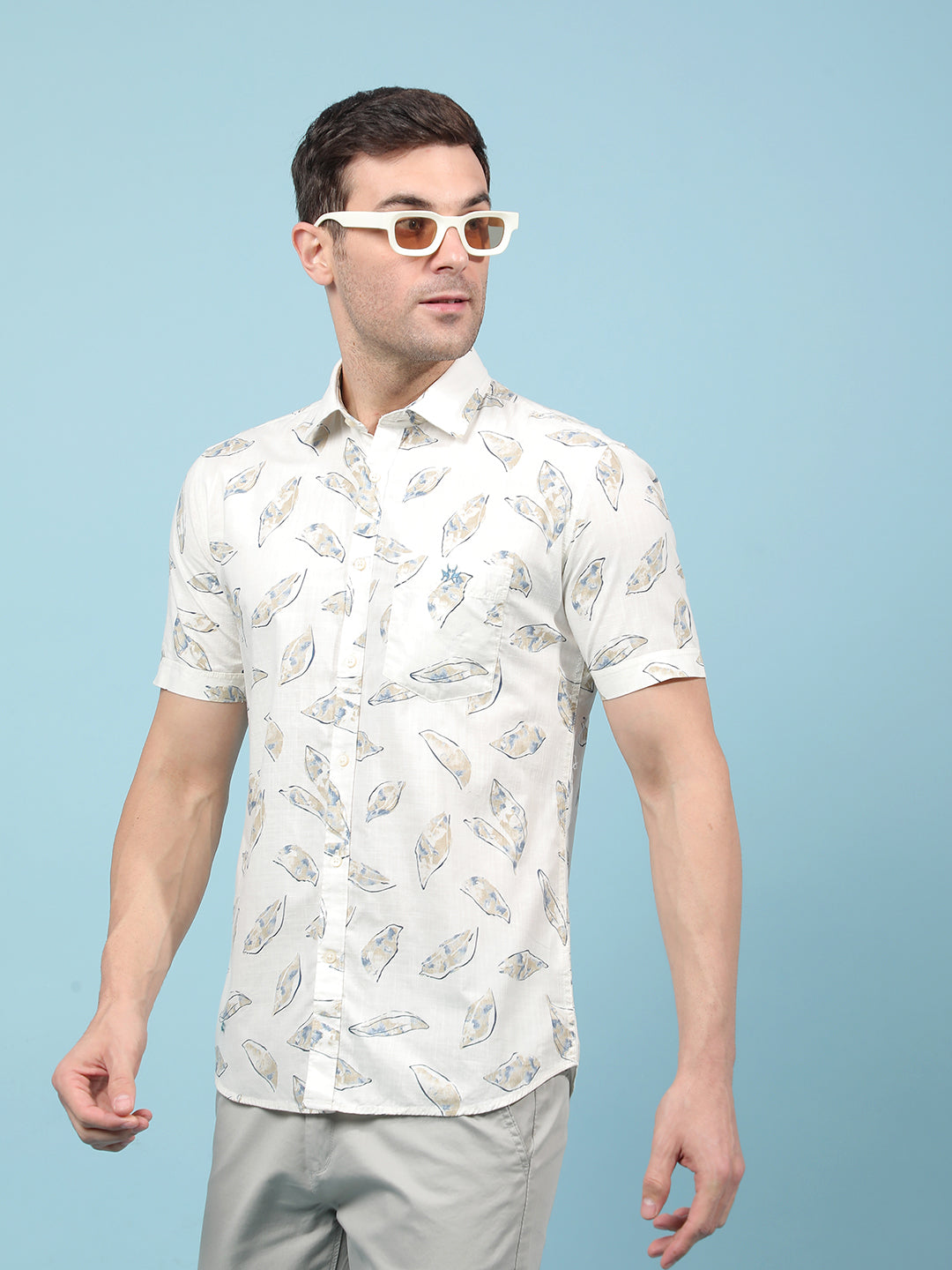 Beige Floral Print Shirt-Men Shirts-Crimsoune Club