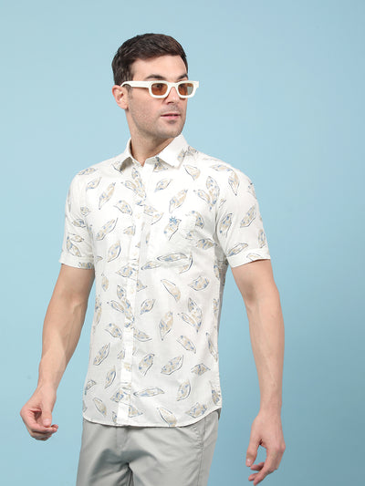 Beige Floral Print Shirt-Men Shirts-Crimsoune Club