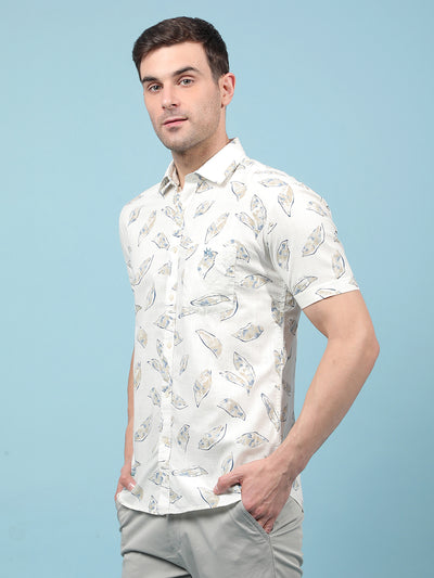 Beige Floral Print Shirt-Men Shirts-Crimsoune Club
