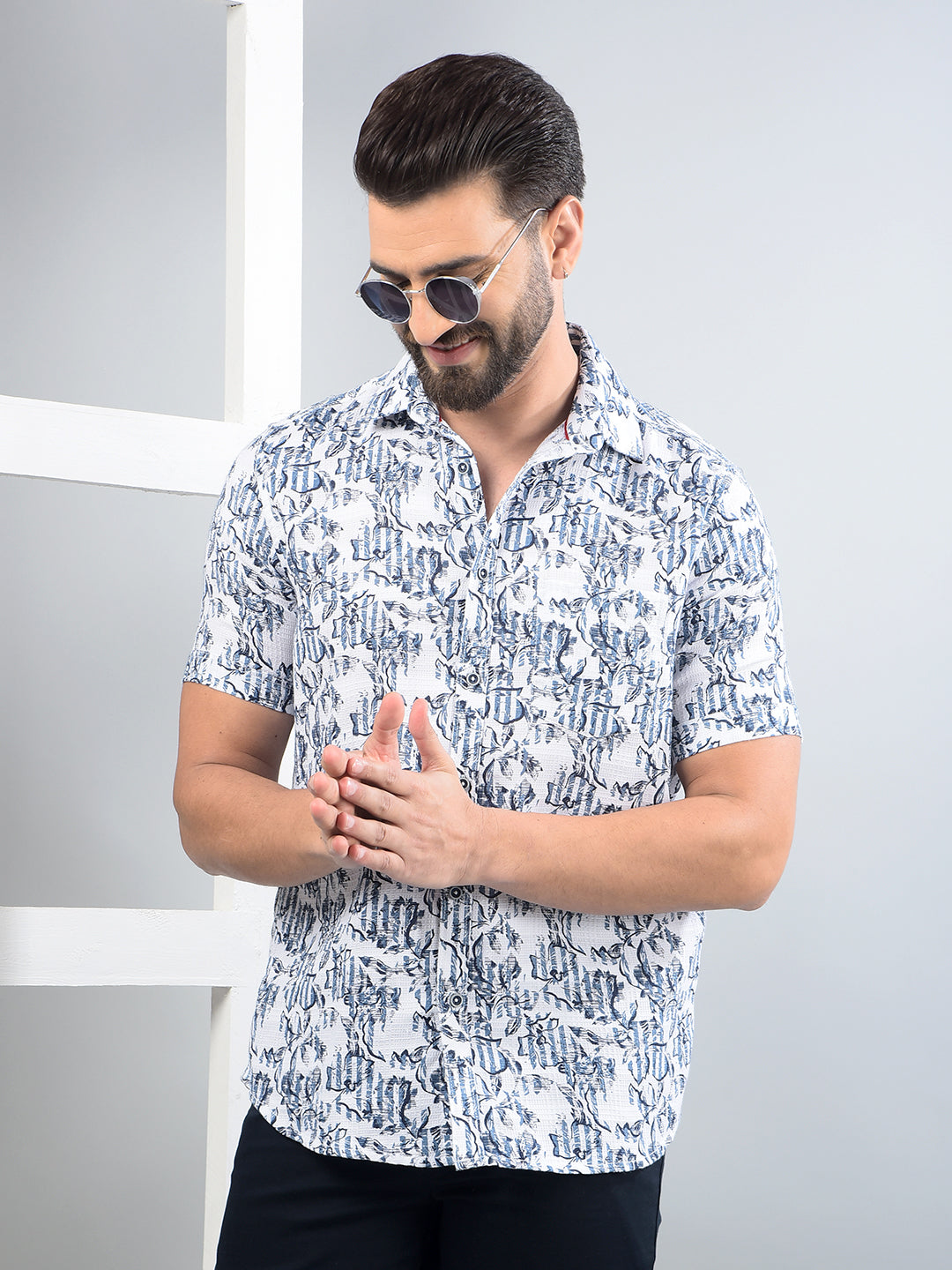Blue Floral Print 100% Cotton Shirt-Men Shirts-Crimsoune Club