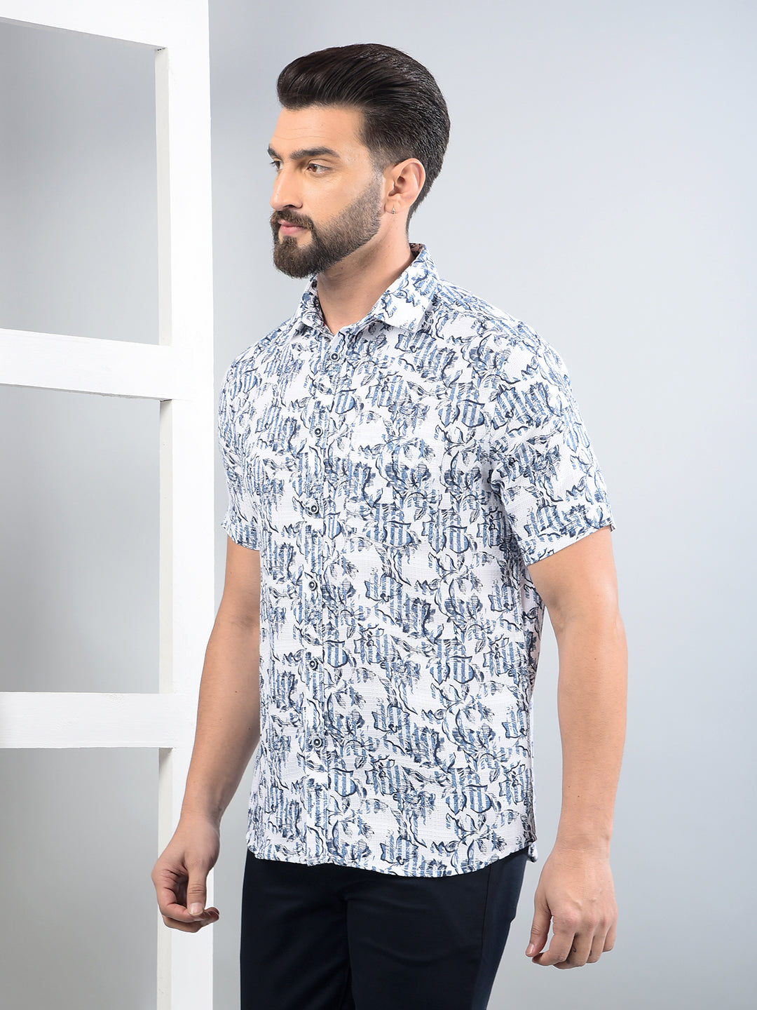 Blue Floral Print 100% Cotton Shirt-Men Shirts-Crimsoune Club