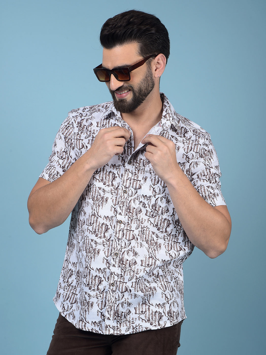 Brown Floral Print 100% Cotton Shirt-Men Shirts-Crimsoune Club
