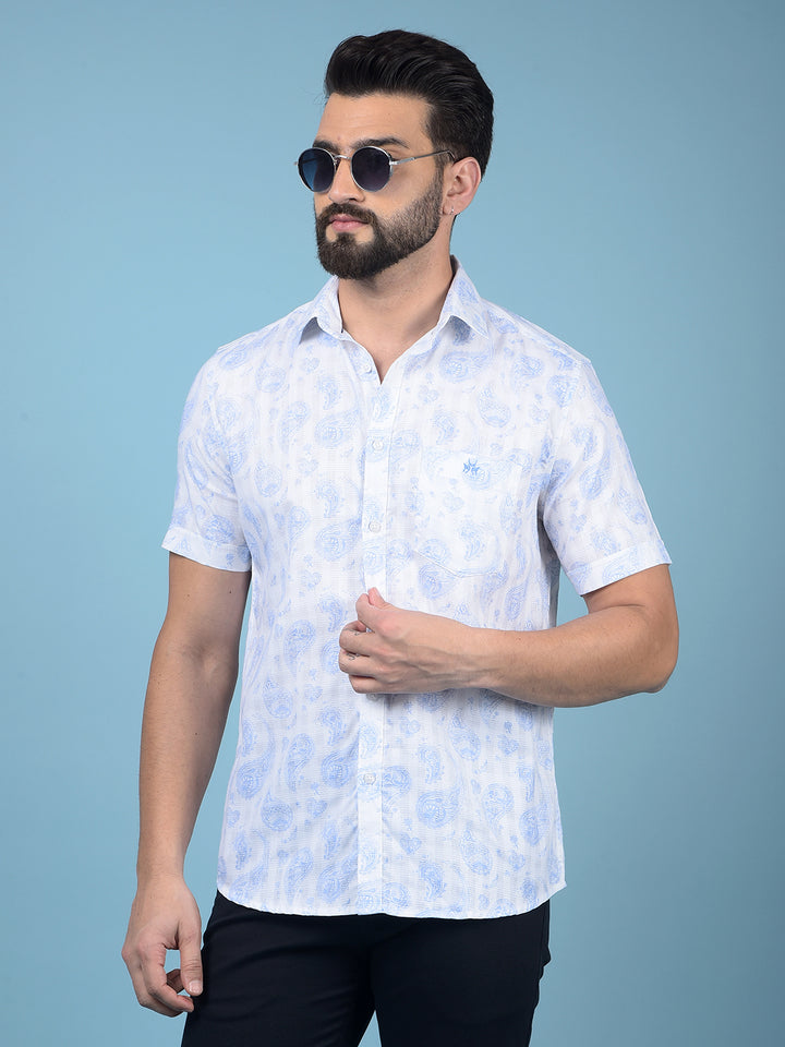 Blue Floral Print 100% Cotton Knitted Shirt-Men Shirts-Crimsoune Club