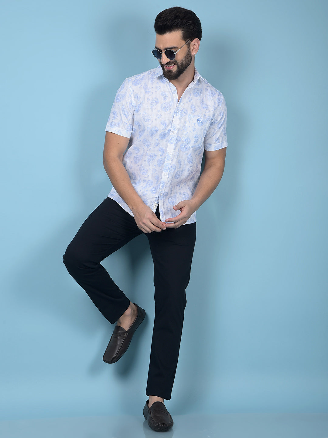 Blue Floral Print 100% Cotton Knitted Shirt-Men Shirts-Crimsoune Club