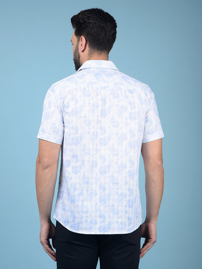 Blue Floral Print 100% Cotton Knitted Shirt-Men Shirts-Crimsoune Club