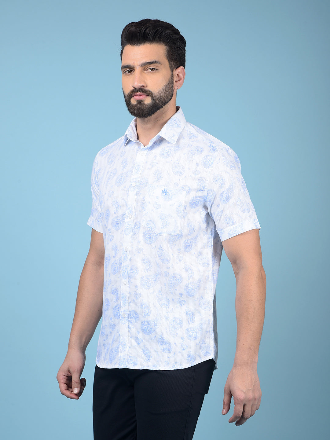 Blue Floral Print 100% Cotton Knitted Shirt-Men Shirts-Crimsoune Club