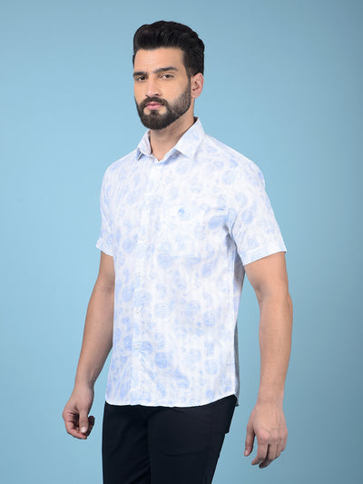 Blue Floral Print 100% Cotton Knitted Shirt-Men Shirts-Crimsoune Club
