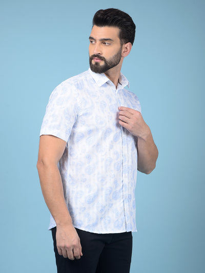 Blue Floral Print 100% Cotton Knitted Shirt-Men Shirts-Crimsoune Club