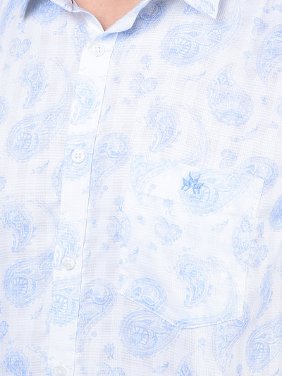 Blue Floral Print 100% Cotton Knitted Shirt-Men Shirts-Crimsoune Club