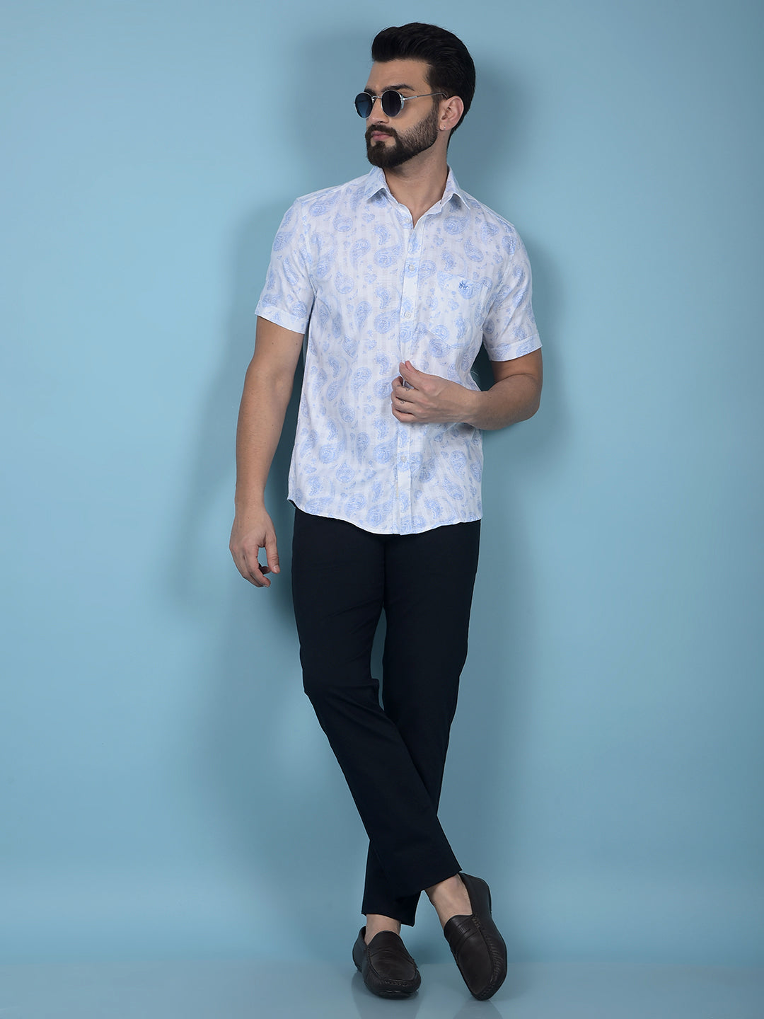 Blue Floral Print 100% Cotton Knitted Shirt-Men Shirts-Crimsoune Club