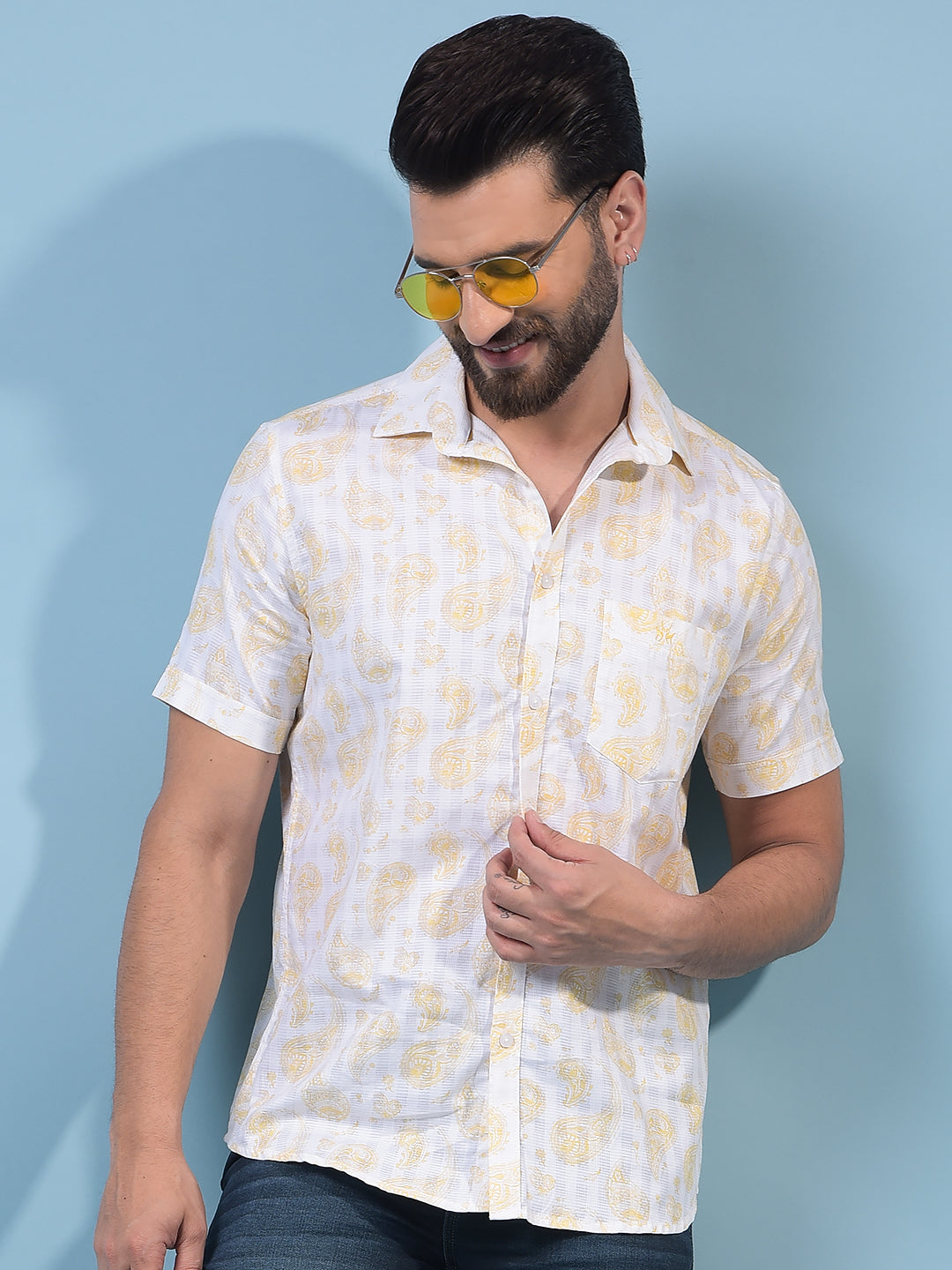 Men's Yellow Floral Print 100% Cotton Shirt-Men Shirts-Crimsoune Club