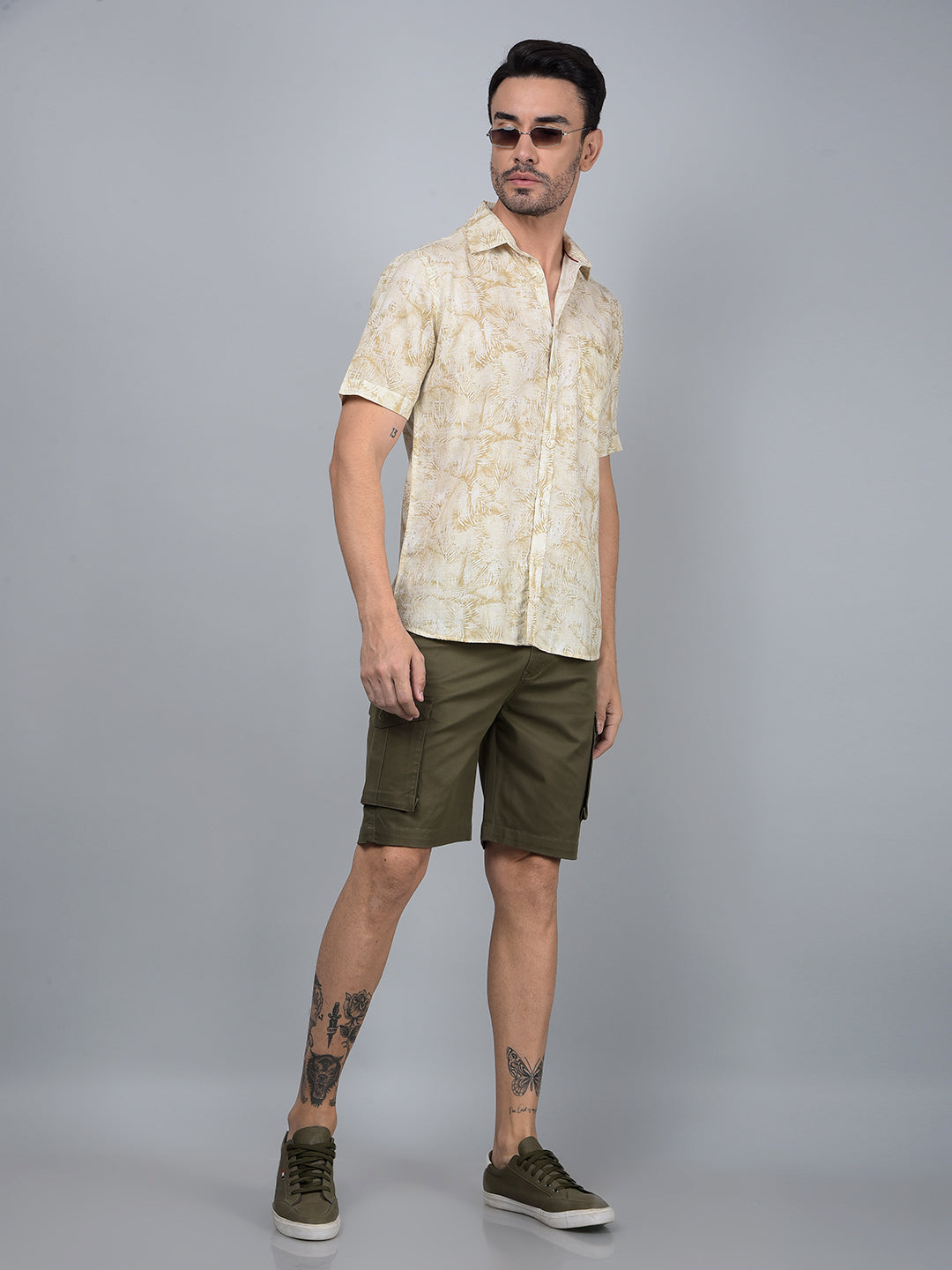 Olive Floral Print Linen Shirt-Men Shirts-Crimsoune Club