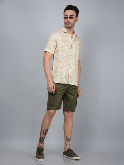 Olive Floral Print Linen Shirt-Men Shirts-Crimsoune Club