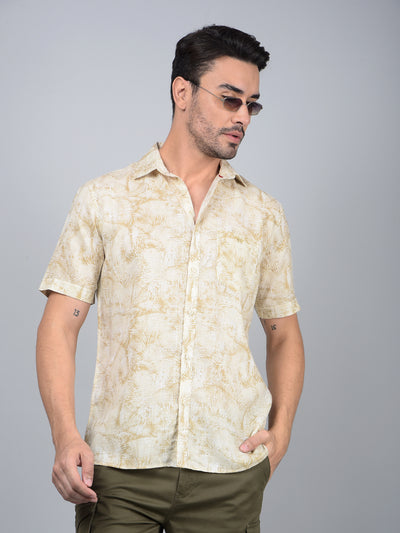 Olive Floral Print Linen Shirt-Men Shirts-Crimsoune Club