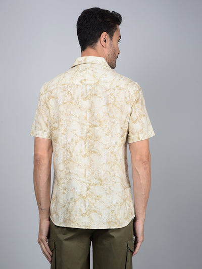 Olive Floral Print Linen Shirt-Men Shirts-Crimsoune Club