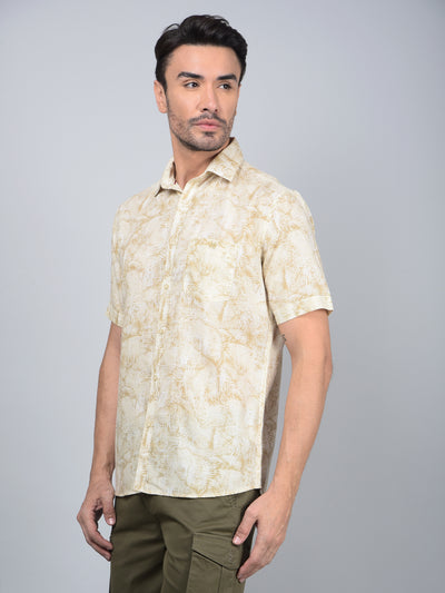 Olive Floral Print Linen Shirt-Men Shirts-Crimsoune Club