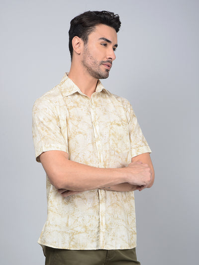 Olive Floral Print Linen Shirt-Men Shirts-Crimsoune Club
