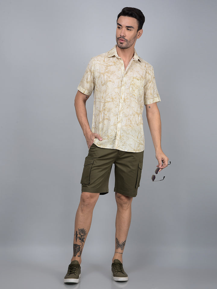 Olive Floral Print Linen Shirt-Men Shirts-Crimsoune Club