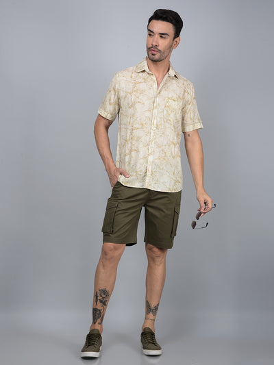 Olive Floral Print Linen Shirt-Men Shirts-Crimsoune Club