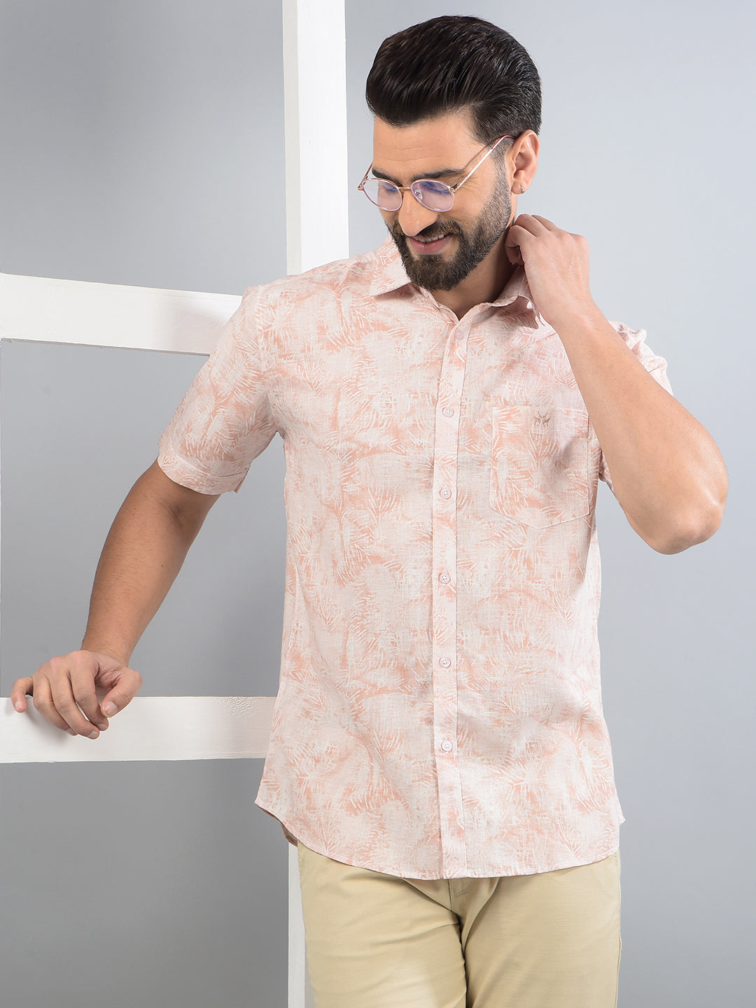 Peach Floral Print Linen Shirt-Men Shirts-Crimsoune Club