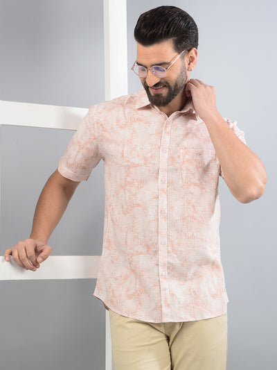 Peach Floral Print Linen Shirt-Men Shirts-Crimsoune Club
