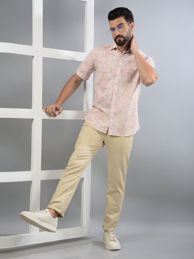 Peach Floral Print Linen Shirt-Men Shirts-Crimsoune Club