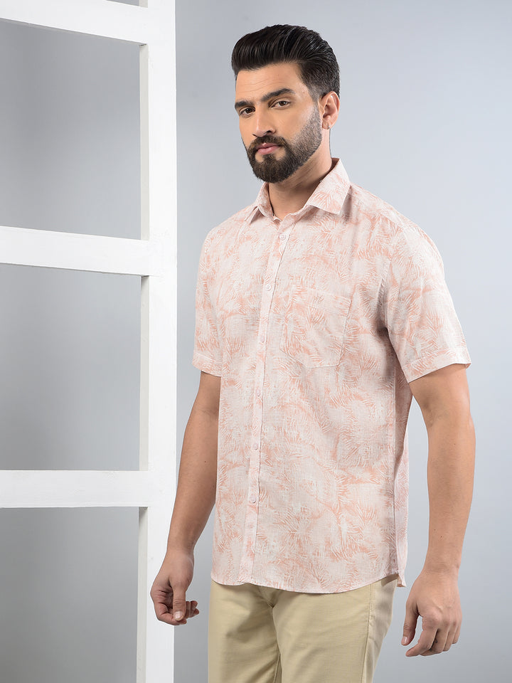 Peach Floral Print Linen Shirt-Men Shirts-Crimsoune Club