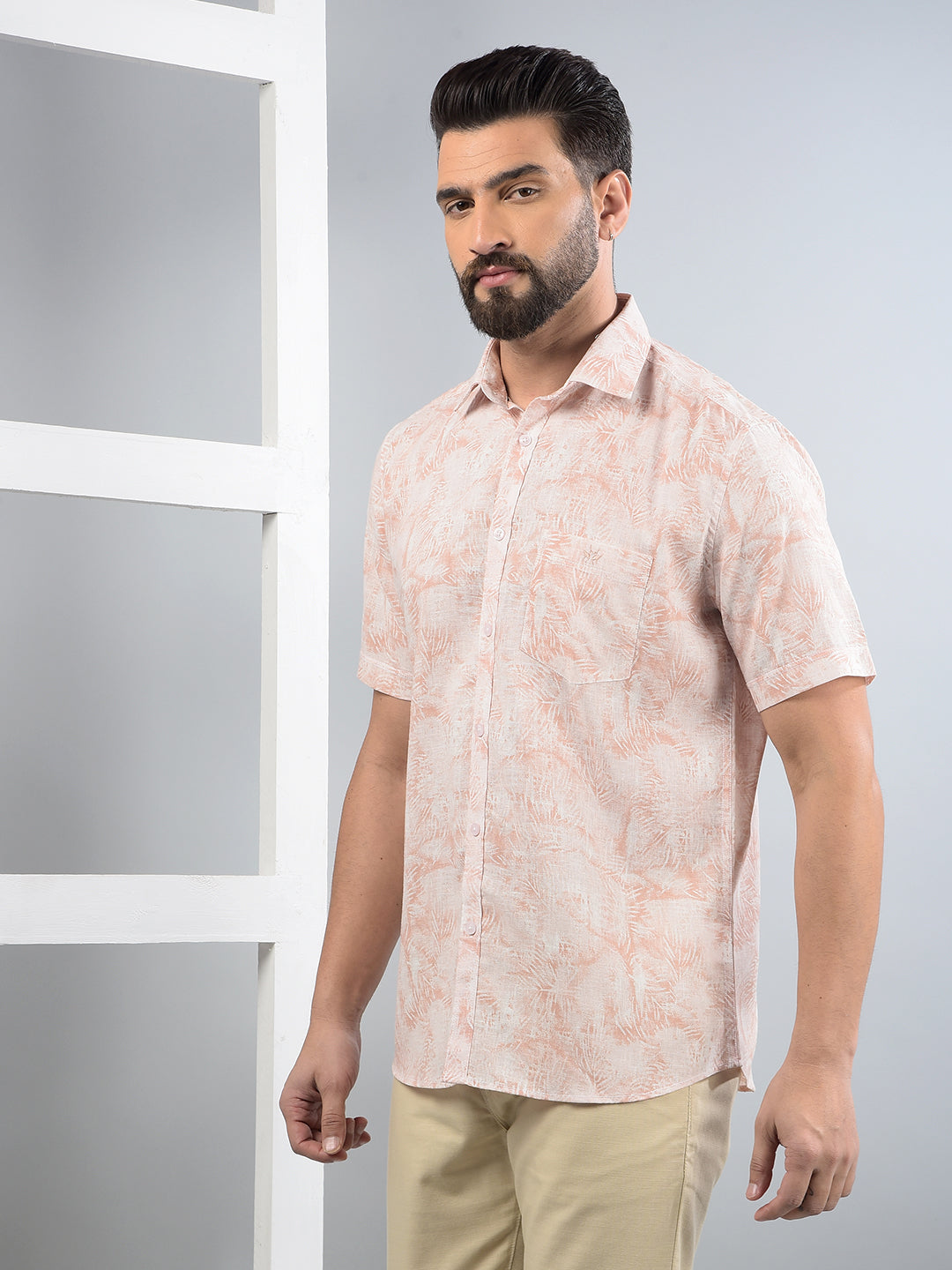 Peach Floral Print Linen Shirt-Men Shirts-Crimsoune Club
