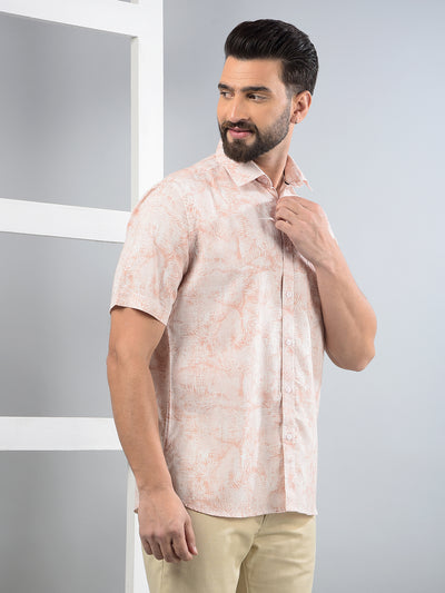 Peach Floral Print Linen Shirt-Men Shirts-Crimsoune Club