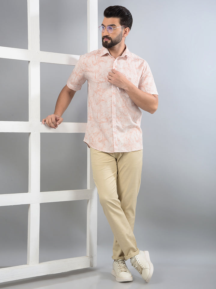 Peach Floral Print Linen Shirt-Men Shirts-Crimsoune Club