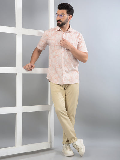Peach Floral Print Linen Shirt-Men Shirts-Crimsoune Club
