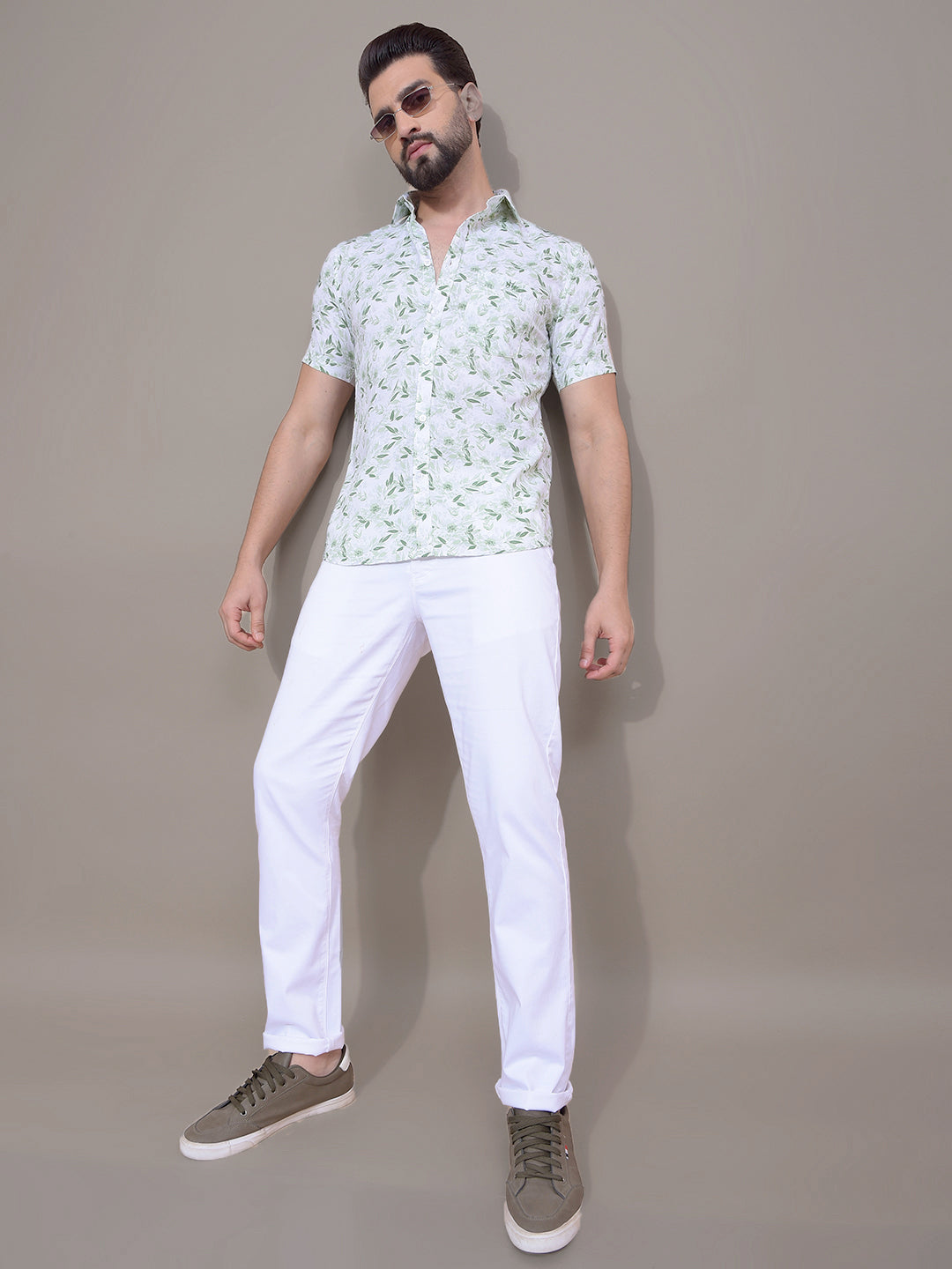 Green Floral Print 100% Cotton Shirt-Men Shirts-Crimsoune Club