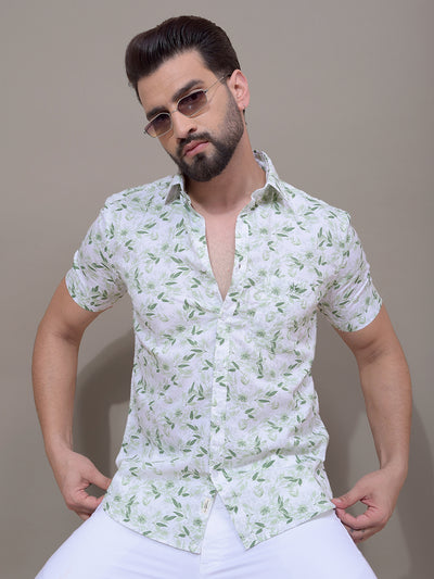 Green Floral Print 100% Cotton Shirt-Men Shirts-Crimsoune Club