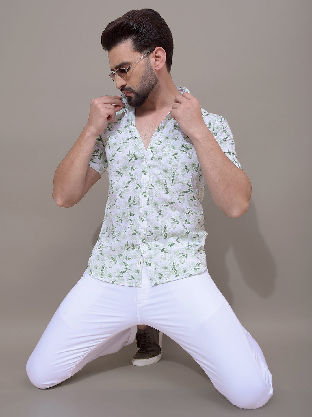 Green Floral Print 100% Cotton Shirt-Men Shirts-Crimsoune Club