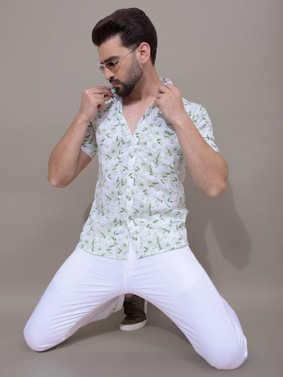 Green Floral Print 100% Cotton Shirt-Men Shirts-Crimsoune Club