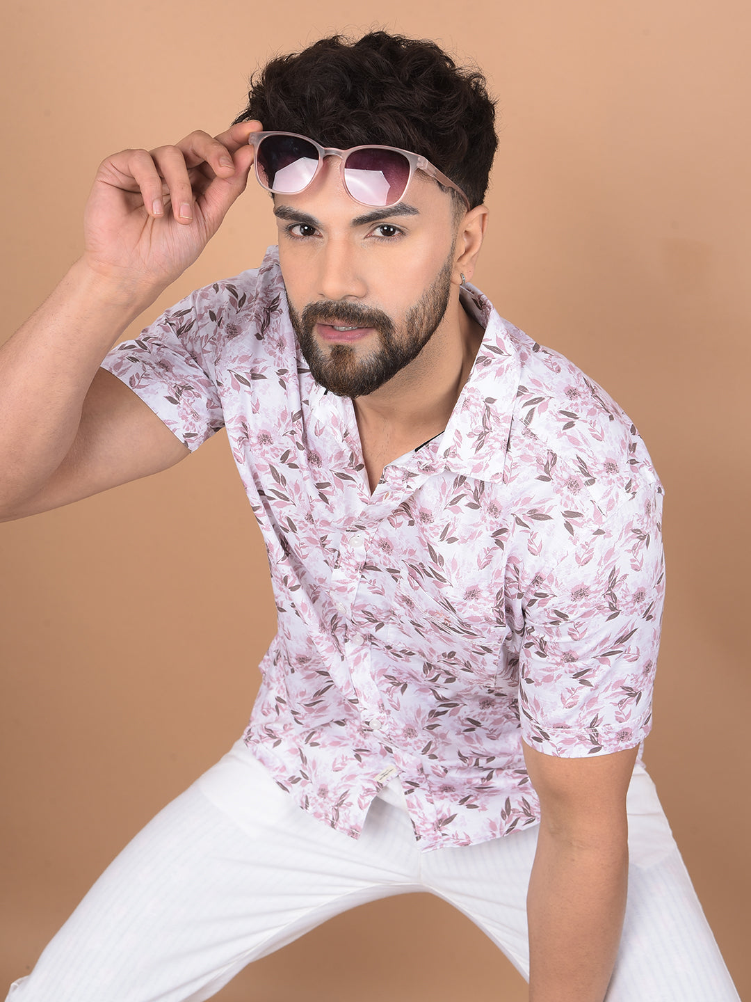 Pink Floral Print 100% Cotton Shirt-Men Shirts-Crimsoune Club