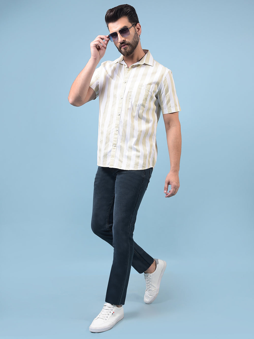 Men's Olive Vertical Stripes 100% Cotton Shirt-Men Shirts-Crimsoune Club